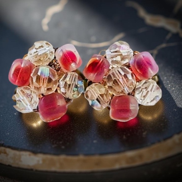 Clip on earrings Vintage Pink earring Mid century glass jewelry clip on earrings - Picture 12 of 14